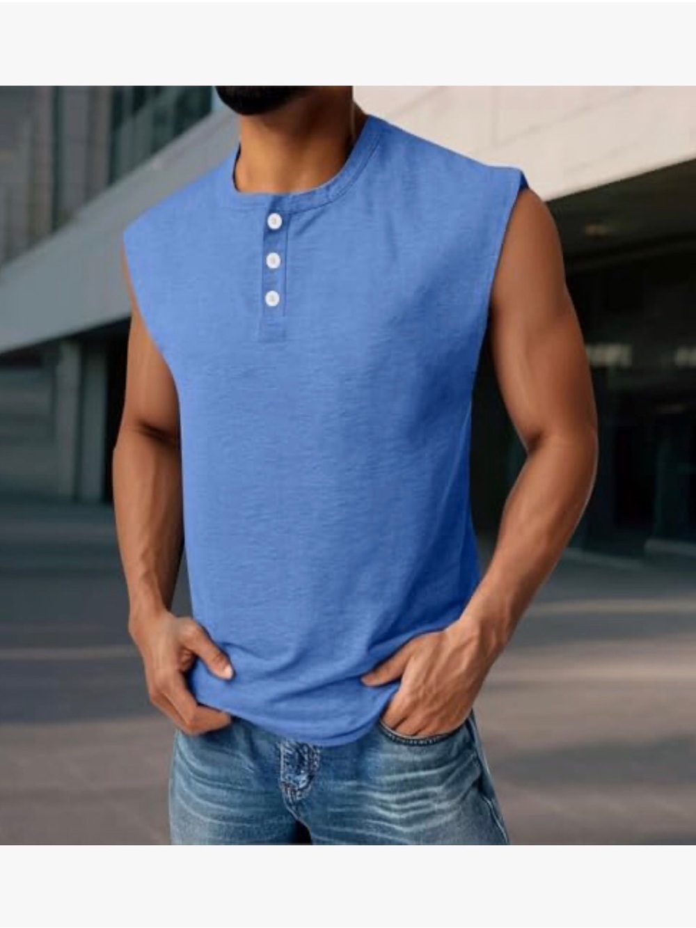 Men's Slim Fit Fitness Sleeveless Henley Shirt Blue Lightweight Size-XL NIB